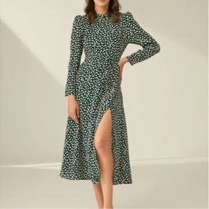 Commense High Neck Belted Long Sleeve Floral Slit Dress Green X-Small
